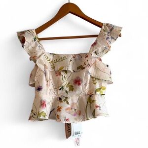 H&M Floral Ruffle Sleeve Blouse - Cream